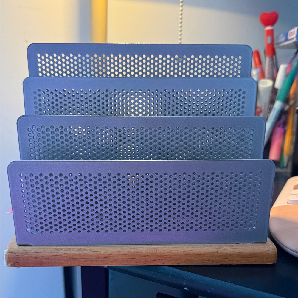 Gray Metal File Organizer with Wooden Base